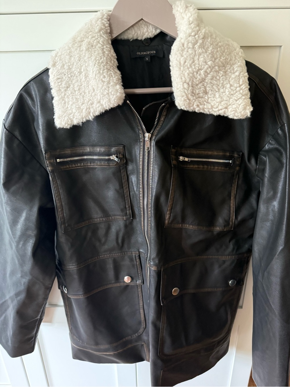 Olivaceous Black Bomber Jacket with Cream Sherpa Collar